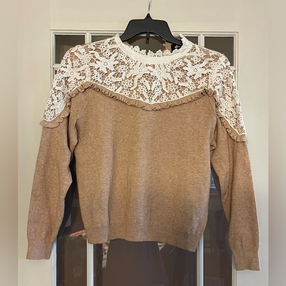 Alice Blue Sweaters - Alice Blue Tan Crochet Collar Sweater